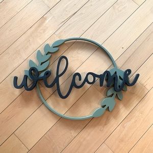 Welcome wood wreath front door sign